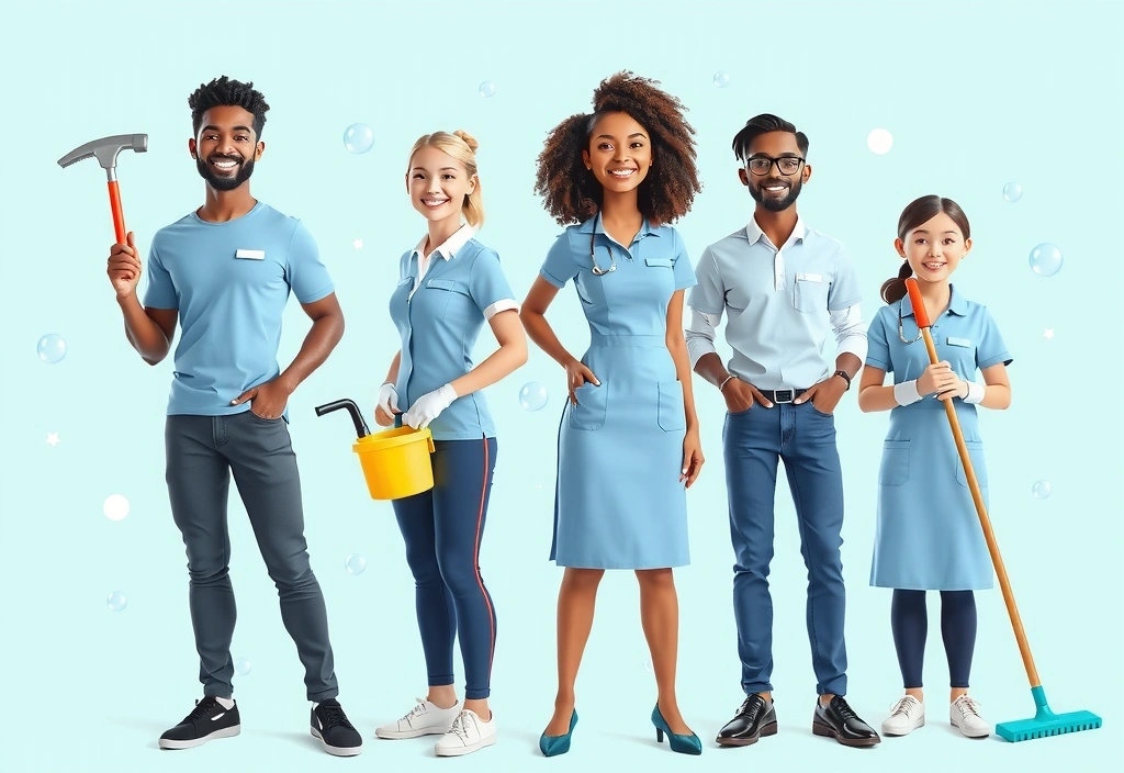 Friendly cleaning staff with professional equipment