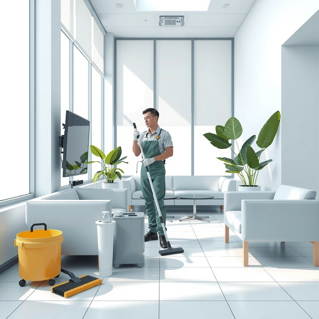 Professional cleaner using modern equipment in an elegant office space