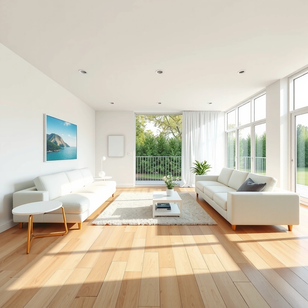 Spacious modern living room with sparkling clean surfaces and sunlight streaming through windows